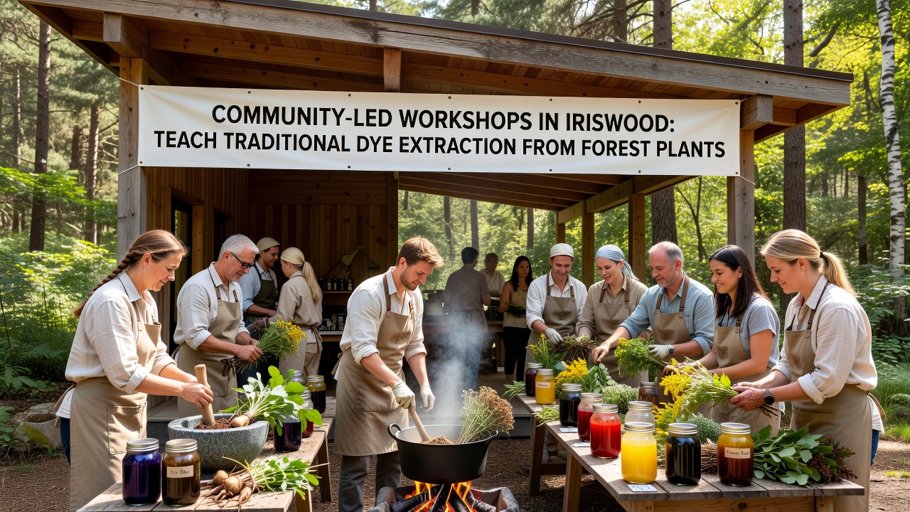 Close-up view of hands processing forest plants into natural dyes during a mid-session activity at an Iriswood community workshop