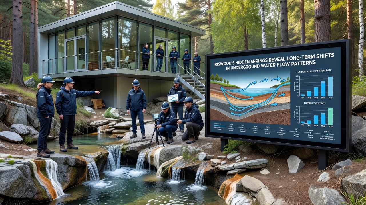 Close-up of water sampling equipment at an Iriswood spring site with forest background