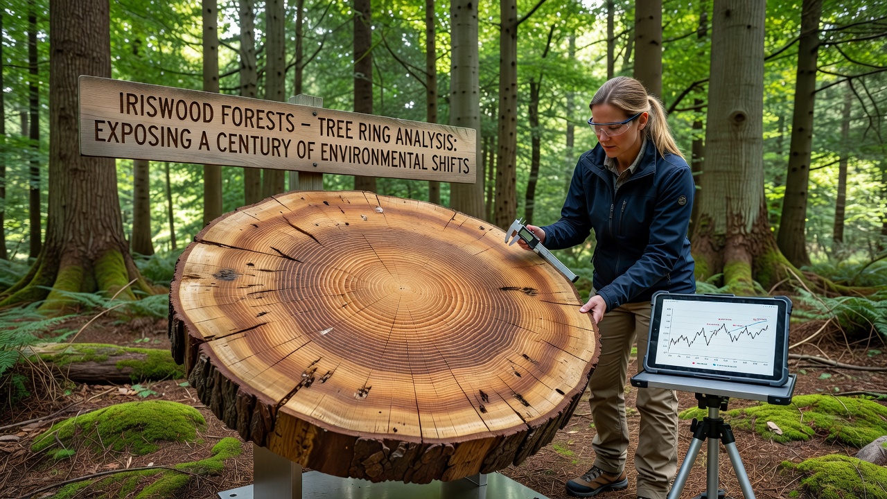Researchers examining tree core samples in a forest laboratory setting